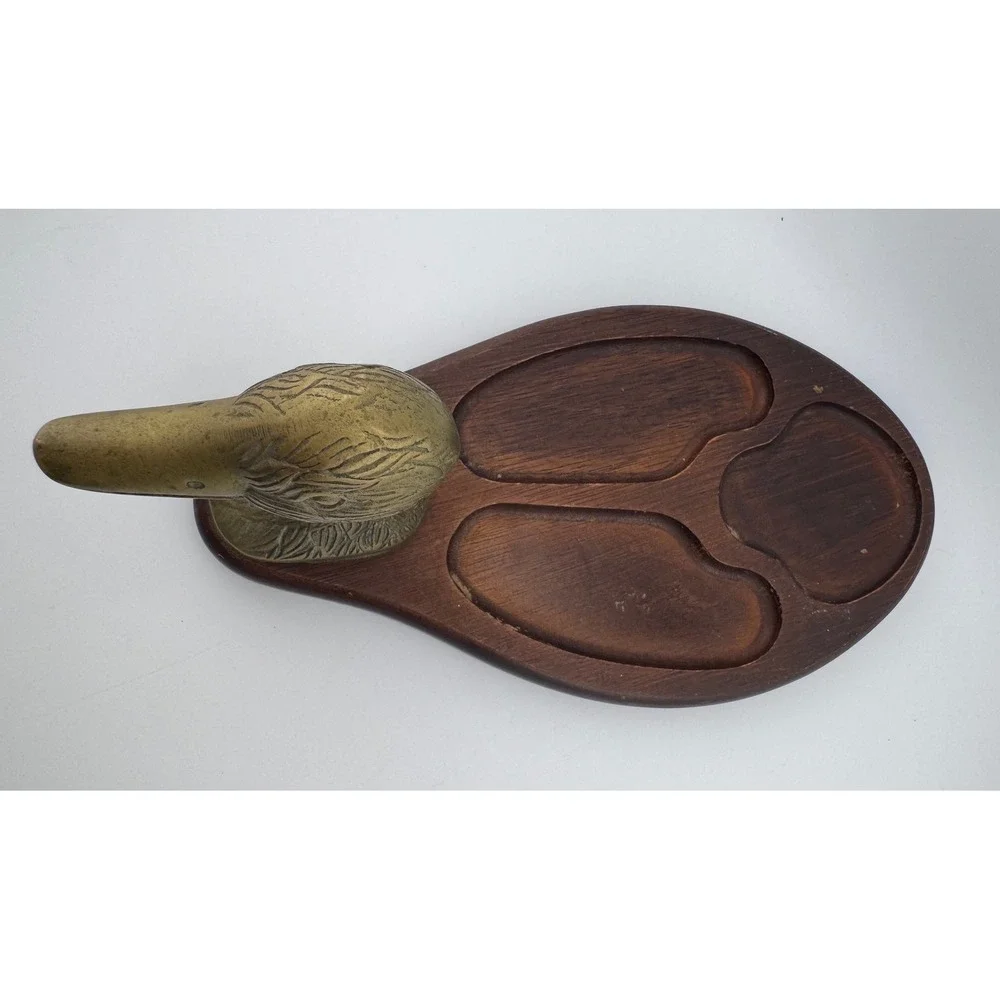 Vintage Brass Duck Head Trinket Dish Wooden Tray Vanity Organizer‎ Desk Decor
